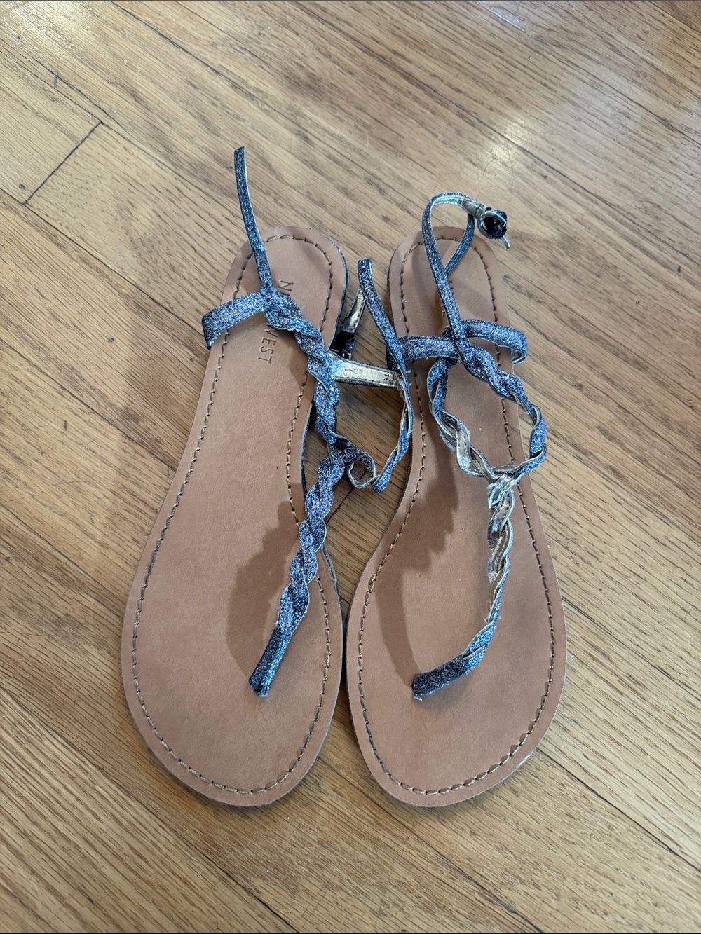 Nine West Metallic Blue Braided T-Strap Sandals